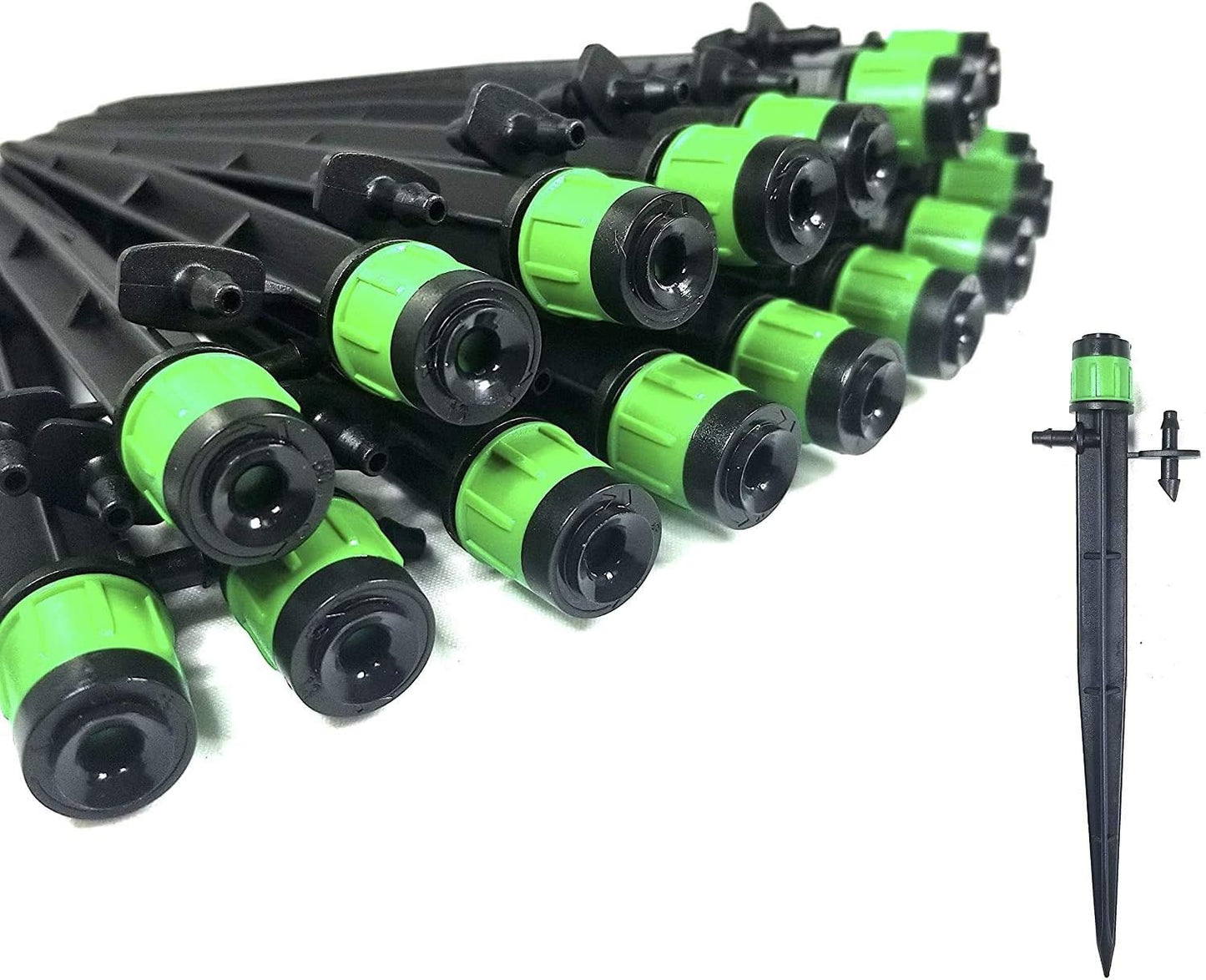 (100-PACK) - 1/4" Inch 360 Degree Drip Emitter On 5" Stake Sprayer Adjustable Flow 0-20 GPH, Fits 1/4 (4-6mm) Irrigation Tubing - Micro Bubbler Drippers for Drip Irrigation (100 Pack Dripper on Stake)