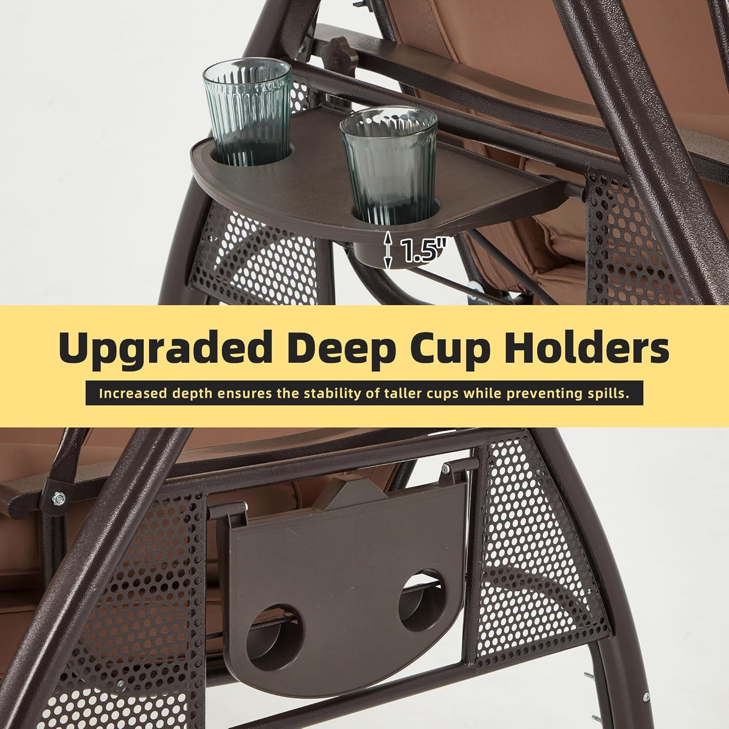 HOMREST 3 Person Outdoor Porch Swing with 1.5" Upgraded Cup Holder, Adjustable Canopy, Backrest, Patio Swing Bed with Weather Resistant Steel Frame, Cushions for Garden,Deck and Poolside(Brown)